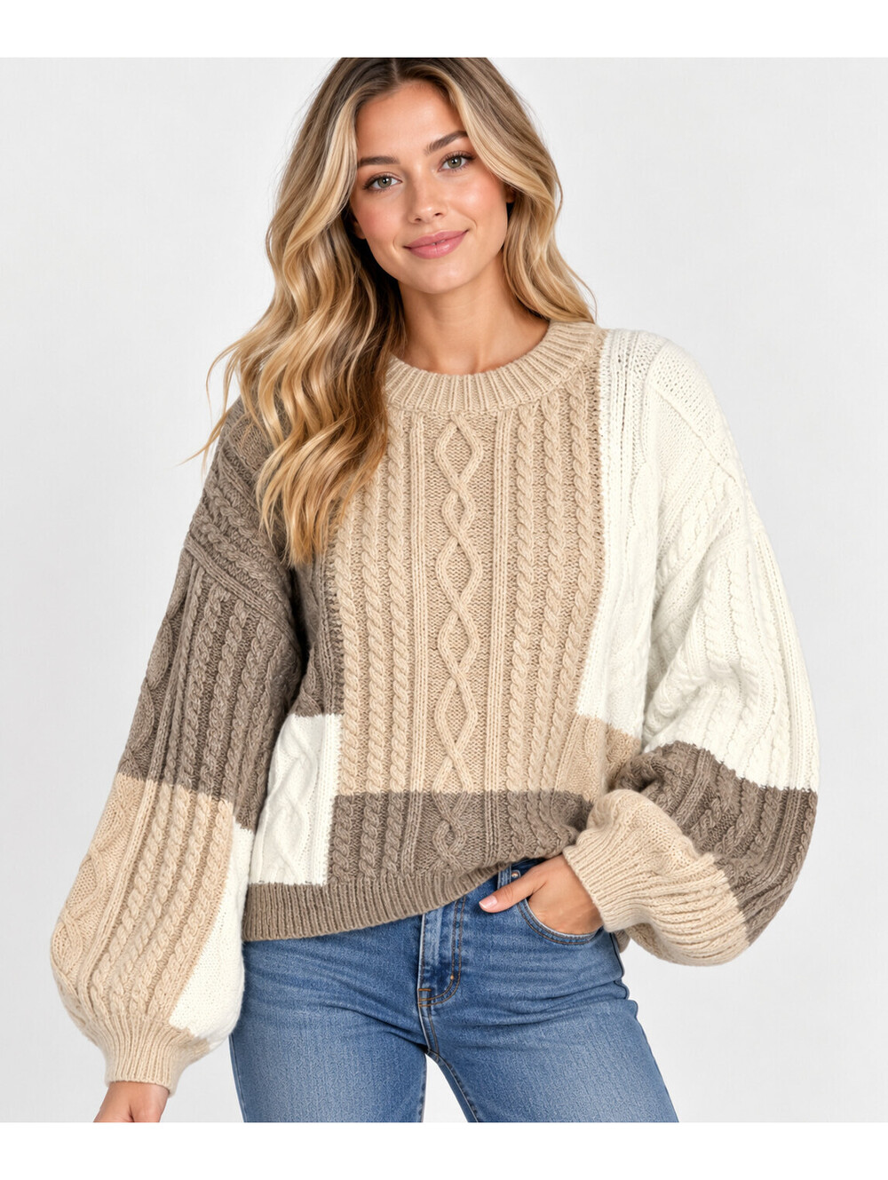 En Saison Cable Knit Sweater Womens M Colorblock Balloon Sleeve NWT